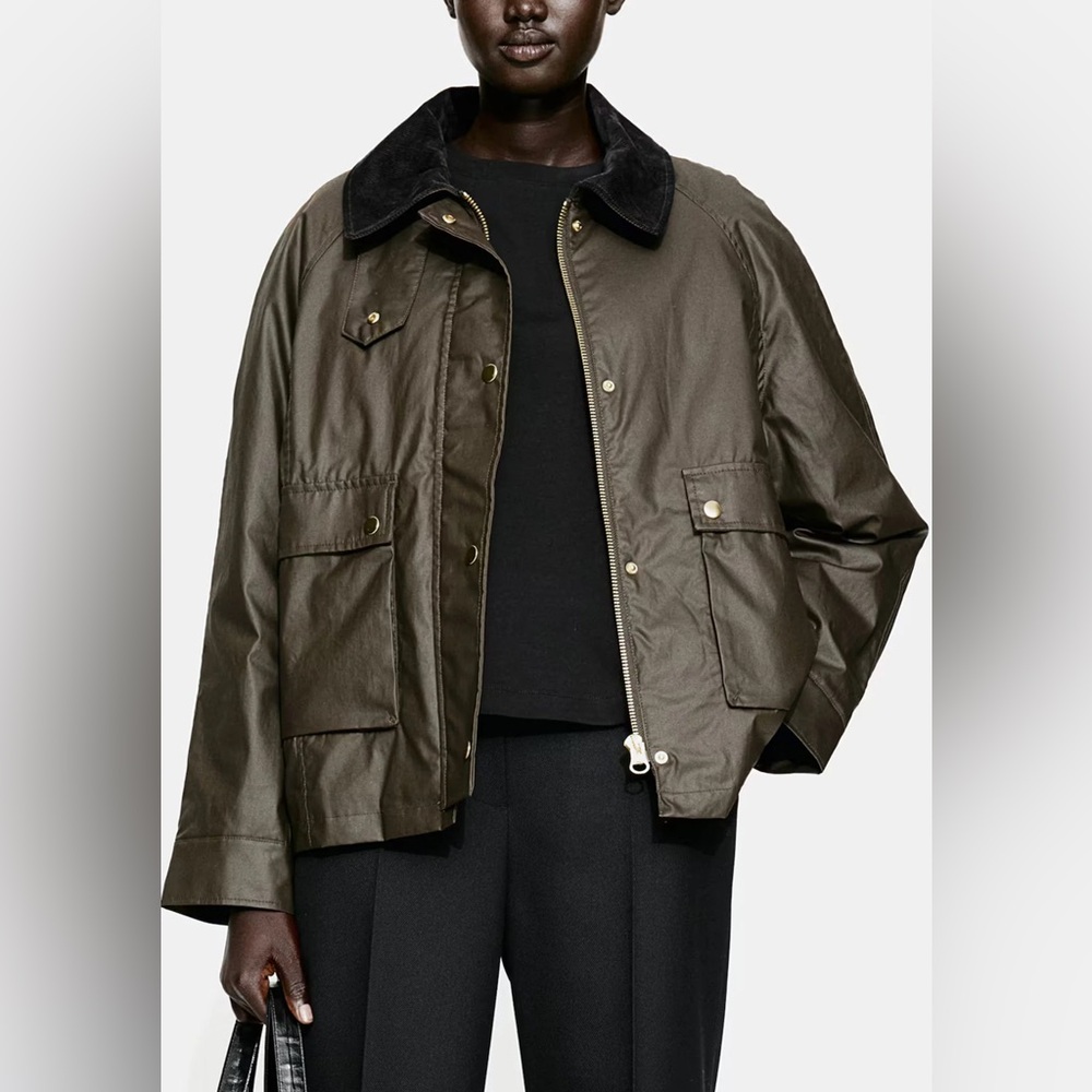 H&M Olive Green Waxed Twill Heritage Jacket with Black Collar